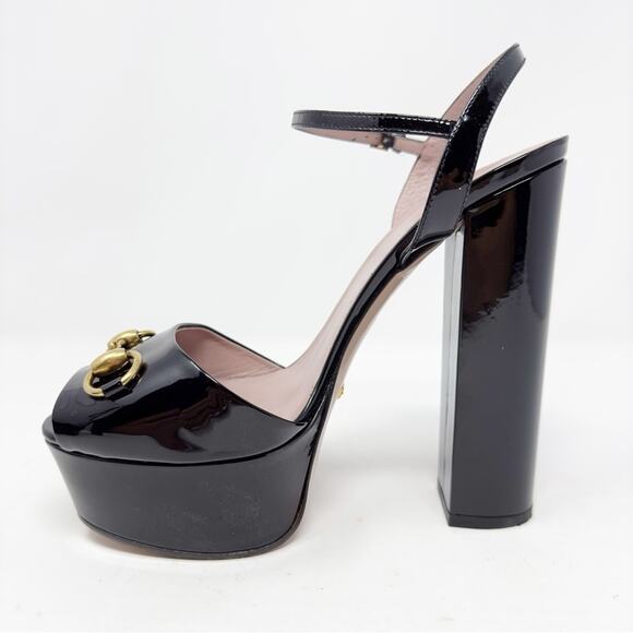 Gucci Claudie Horsebit Patent Leather Platform Sandals Heels - Picture 6 of 11